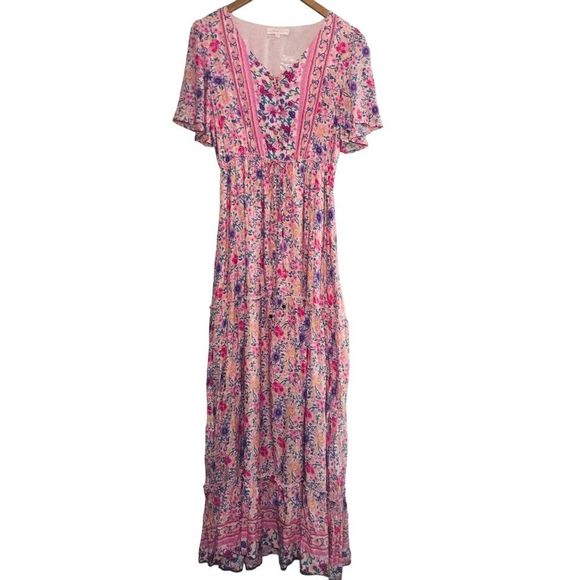 HAILEY & CO Tiered Floral Flutter Sleeve Drawstring Waist Maxi Dress Size Medium - Picture 1 of 9